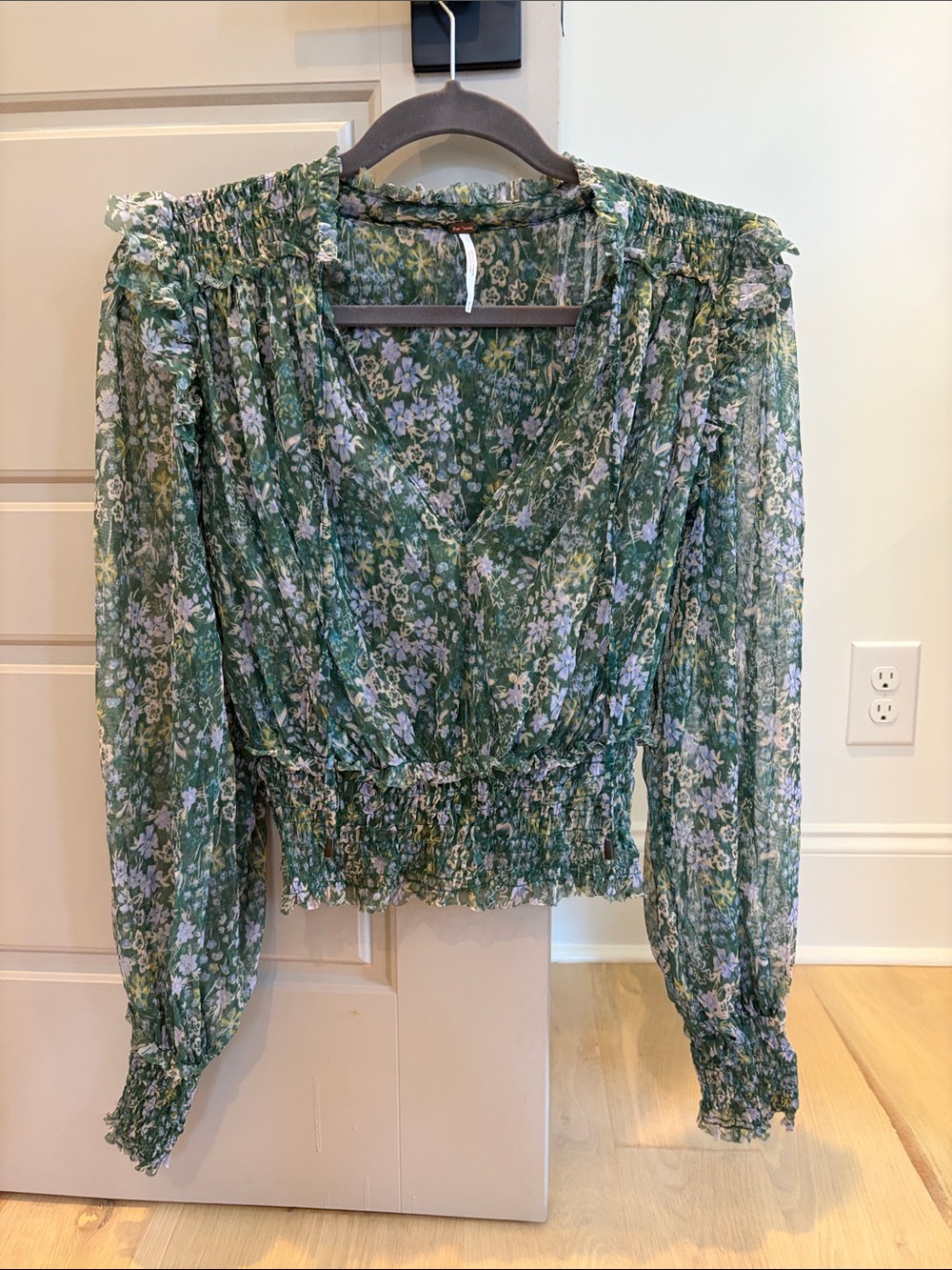 Free People Floral Green V-Neck Long Sleeve Smocked Waist Top